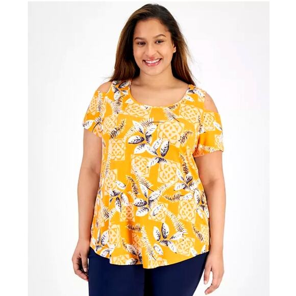 JM Collection Women's Plus Size 3X Tropical Maze Short Sleeve Cold-Shoulder Top - Picture 11 of 11